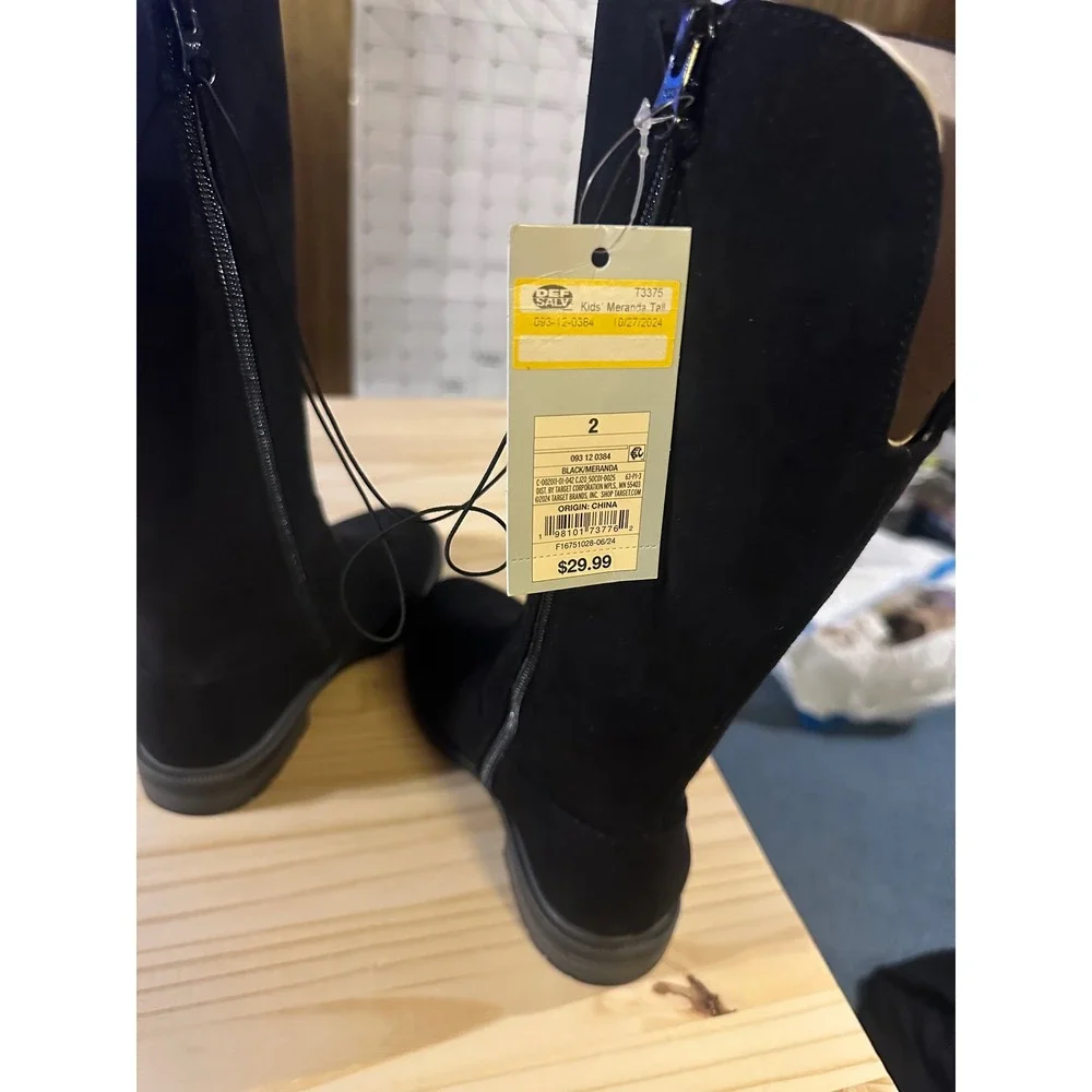Cat & Jack Meranda Tall Boots Black Faux Suede Side Zip Kids Size 2 NEW